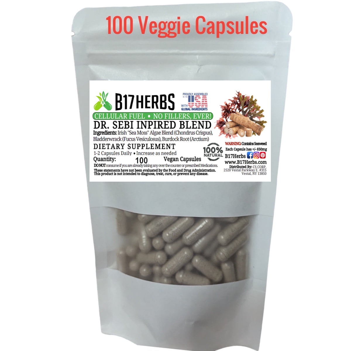 Sebi Inspired Blend, w/Irish Moss, Burdock, Bladderwrack - 100 Veggie Capsules, 650mg