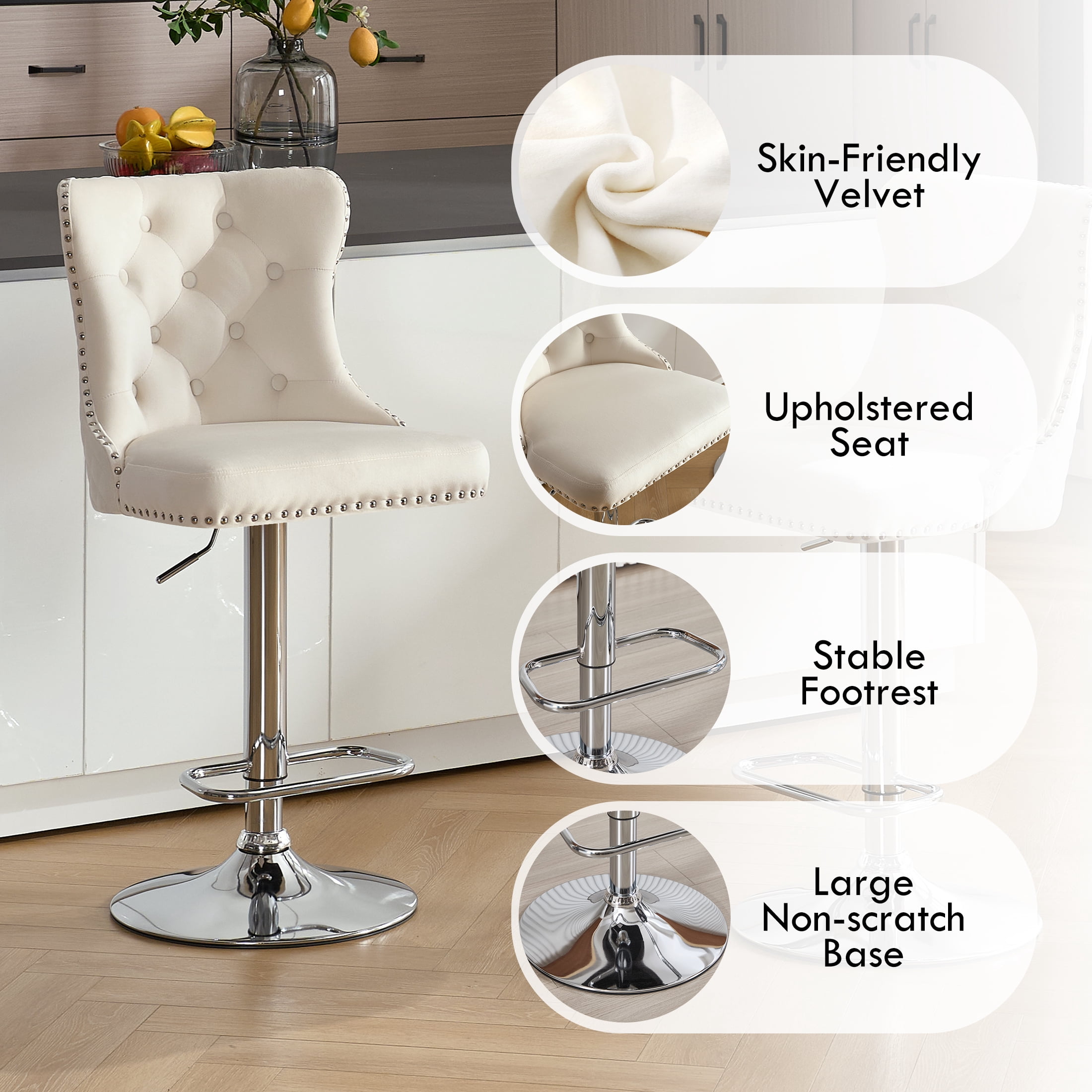 Velvet Bar Stools Set of 4 Modern Counter Height Bar Stools with Lion Pull Ring Tufted Back, Nailhead Upholstered Barstools for Home Kitchen Island, Swivel Adjustable Stool Chair in Cream
