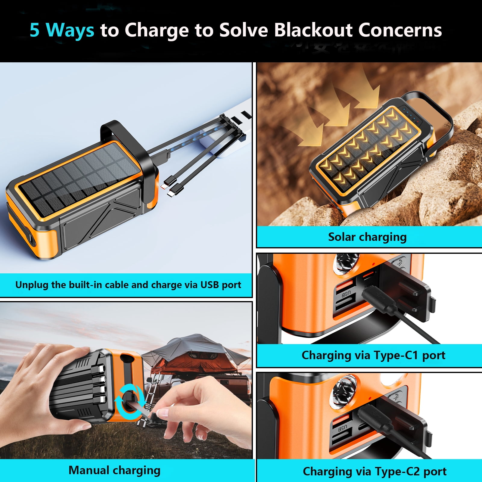 Power Bank Wireless Charger 80000mAh Built in 4 Cables Six Outputs 15W Fast Charging Power Bank for All Mobile Devices Three Inputs Solar Portable Charger with Dual Flashlights