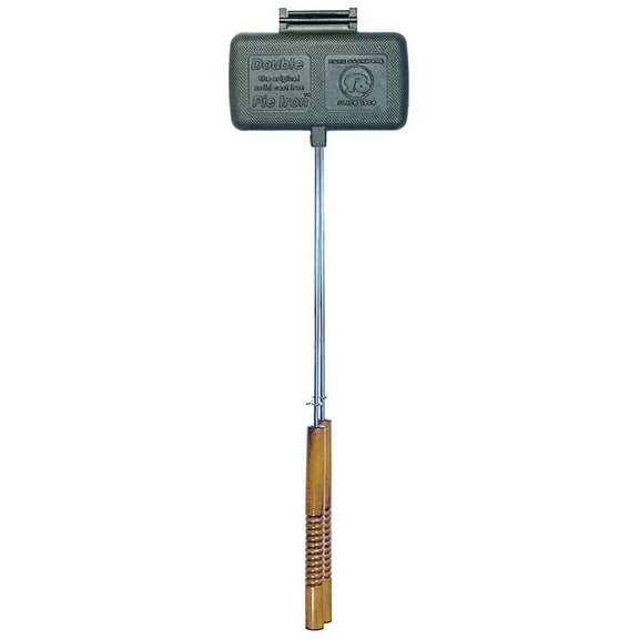 Double Pie Iron 1605 - Cast Iron Camp Cooker with Wood Handles, Gray, 8.5 x 4.25 Inch, 28 Inch Long, Versatile Outdoor Cooking for Sandwiches, Calzones & More