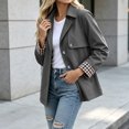 thumbnail image 6 of Sevevn Women Lapel Collar Short Trench Coat Button‑Front Jacket with Plaid Contrast Cuffs Fall Casual Outerwear Gray XL, 6 of 8