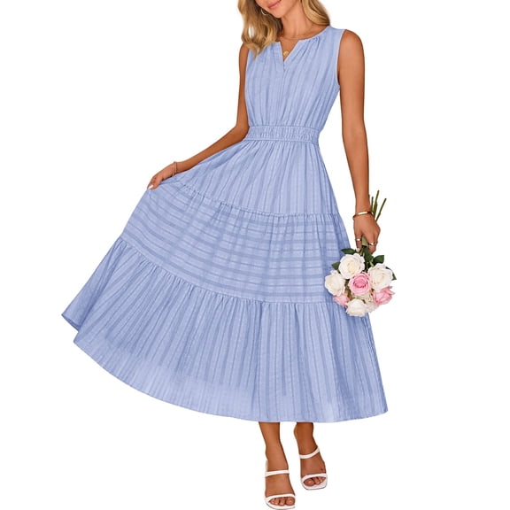 Merokeety Summer Dress for Women Boho V Neck Cotton Modest Long Dresses with Pockets Blue m