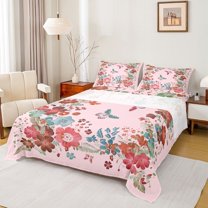 jejeloiu Bohemian Boho Butterflies Queen Sheet Sets,Cute Cartoon Flowers Flat Sheet,Pink Floral Blossom Queen Fitted Sheet For Adult,Breathable Home Decor,4-Piece