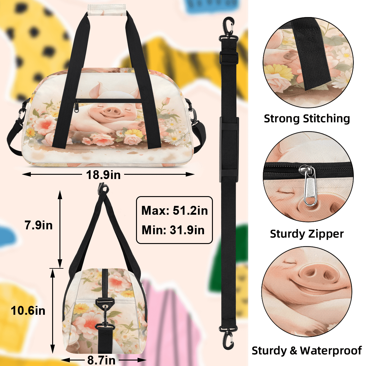 Herdesigns Cute Sports Duffle Bag for Women & Men, Flower Pig Gym Bag Dance Bag Overnight Bag Carry On Weekender Travel Bag