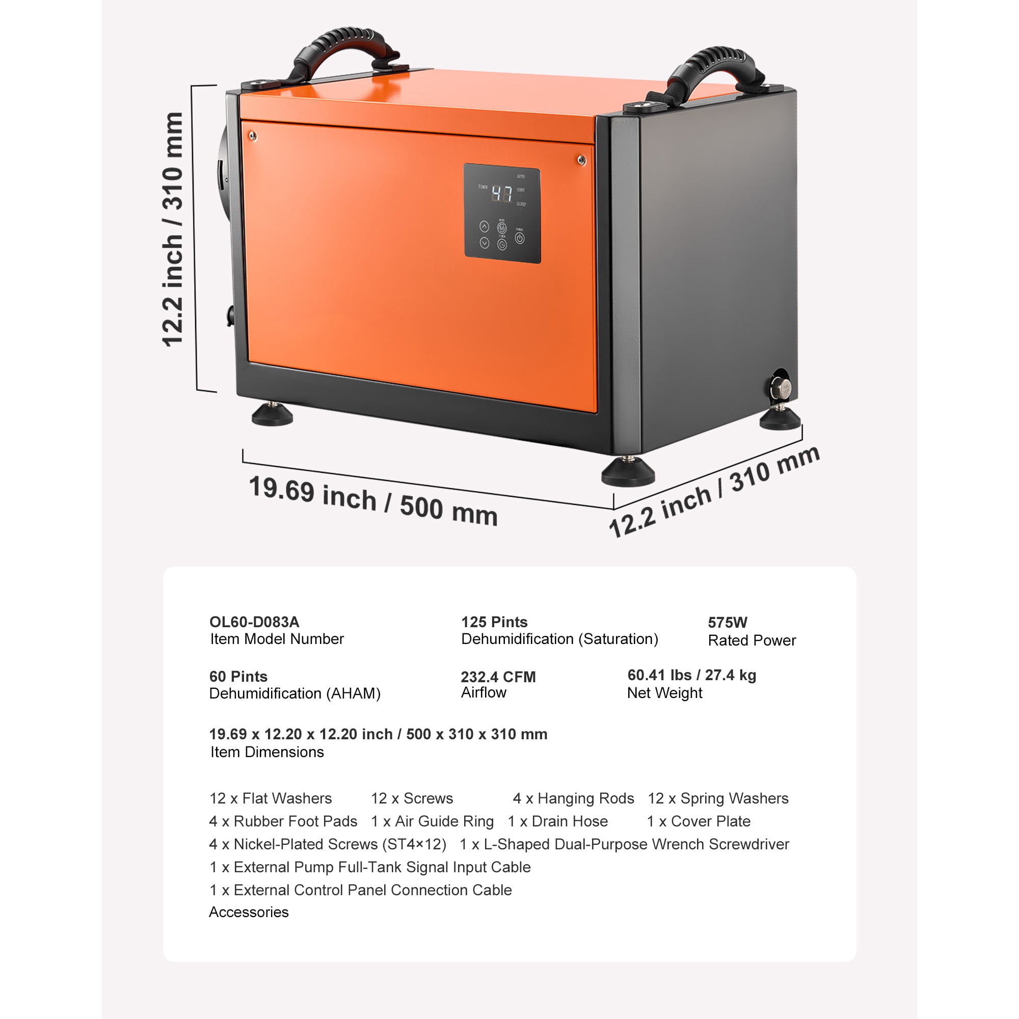 KFFKFF 125 Pints Commercial Dehumidifier with Drain Hose, Portable Industrial Dehumidifier for Basements and Storage Rooms, Auto Defrost and Drainage, Durable Steel Construction, LED Display