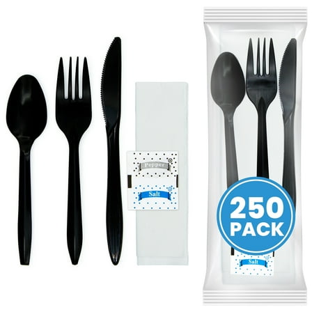 Individually Wrapped Plastic Cutlery Set with Napkin   Salt & Pepper Packets in Black (250 Count) Prewrapped Disposable Silverware Bags, Bulk Utensils: Fork, Knife, and Spoon for Togo Eating