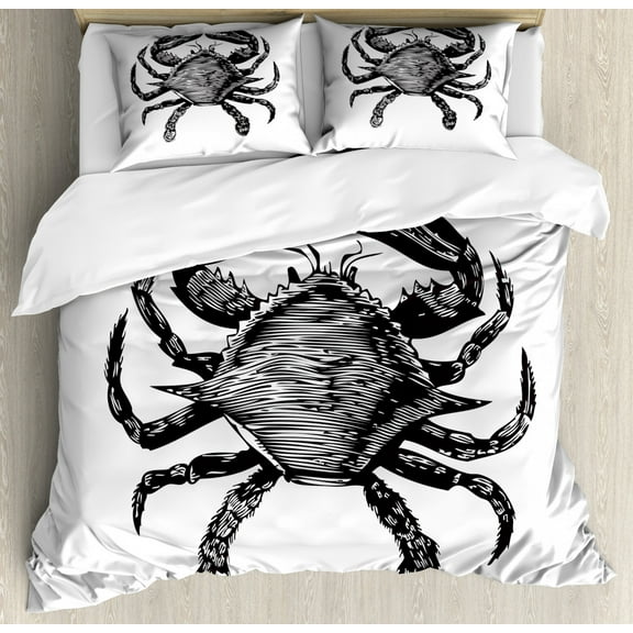 Crabs King Size Duvet Cover Set, Monochrome Drawing of an Animal from Crustacean Family Maritime Inspired Artwork, Decorative 3 Piece Bedding Set with 2 Pillow Shams, Black White, by Ambesonne