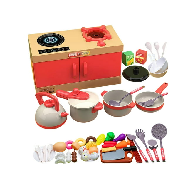 Rbaofujie Cuisine Maison Jouet pour Enfants Ensemble de Cuisine 56 Pcs Jeu de Cuisine avec Plaque de Cuisson Interactive Accessoires Réalistes Autocuiseur Bouilloire Poêle à Frire Jeu