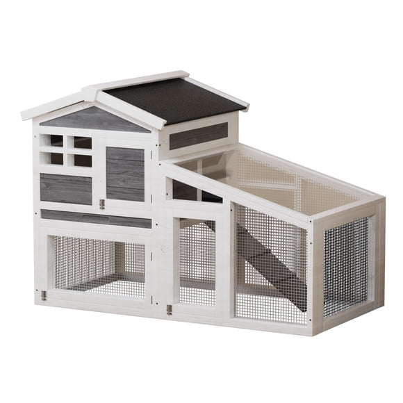 Wooden Rabbit Hutch Indoor and Outdoor, Large Rabbit Cage Chicken Coop Expandable, Weatherproof Bunny Cage with Anti-Chew Metal Frame Ramp for Backyard Small Animals, Grey