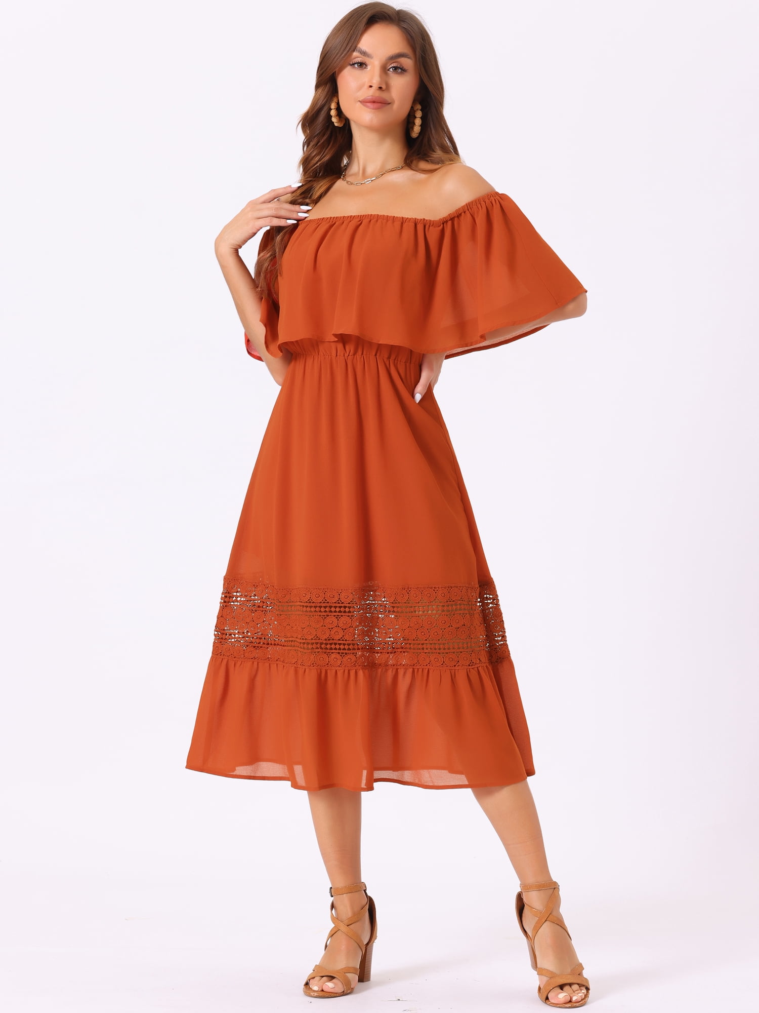 DARING DIVA Off Shoulder Flutter Sleeve Ruffle Lace Splicing Maxi Dress XS Burnt Orange