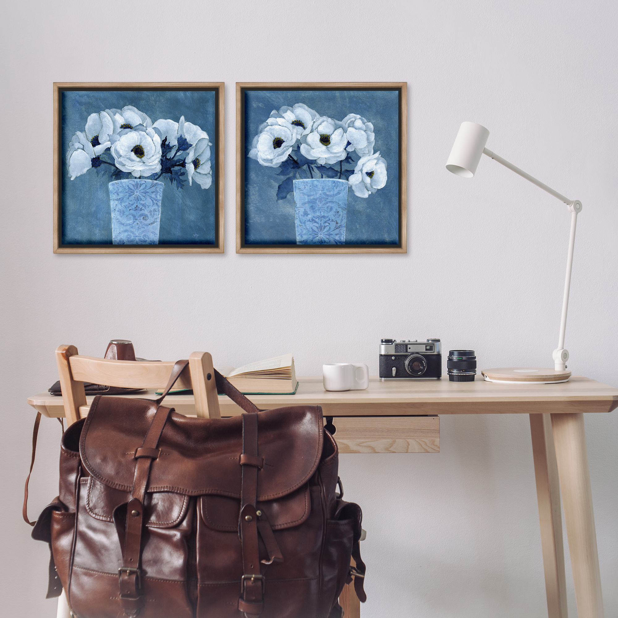 Stupell Industries Magnolia Bouquets on Blue Plants & Flowers Painting Brown Floater Framed Canvas Art Print Wall Art, 18 x 18, Set of 2
