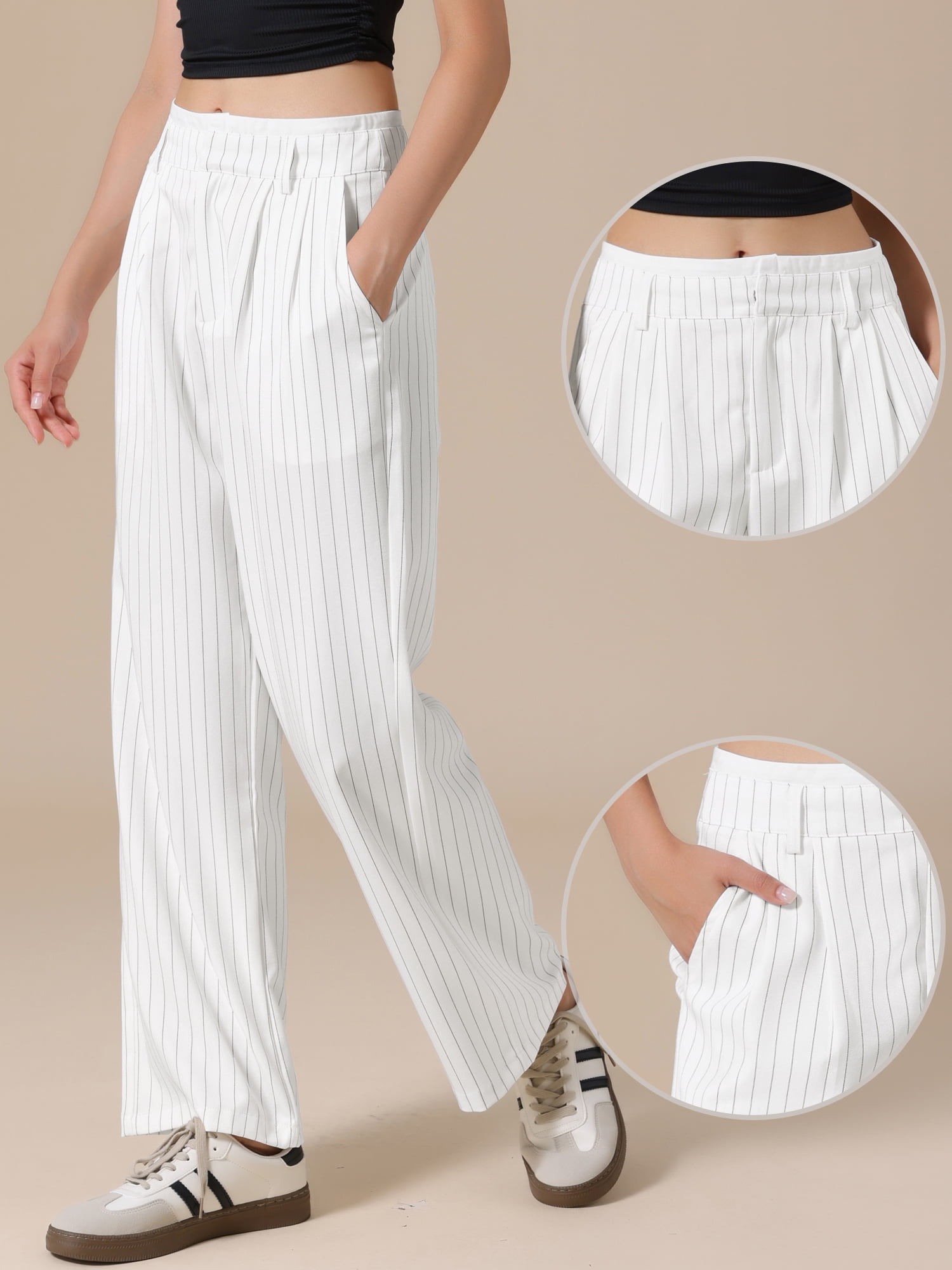 DARING DIVA Women's Striped Wide Leg Casual Work Long Pants Small White