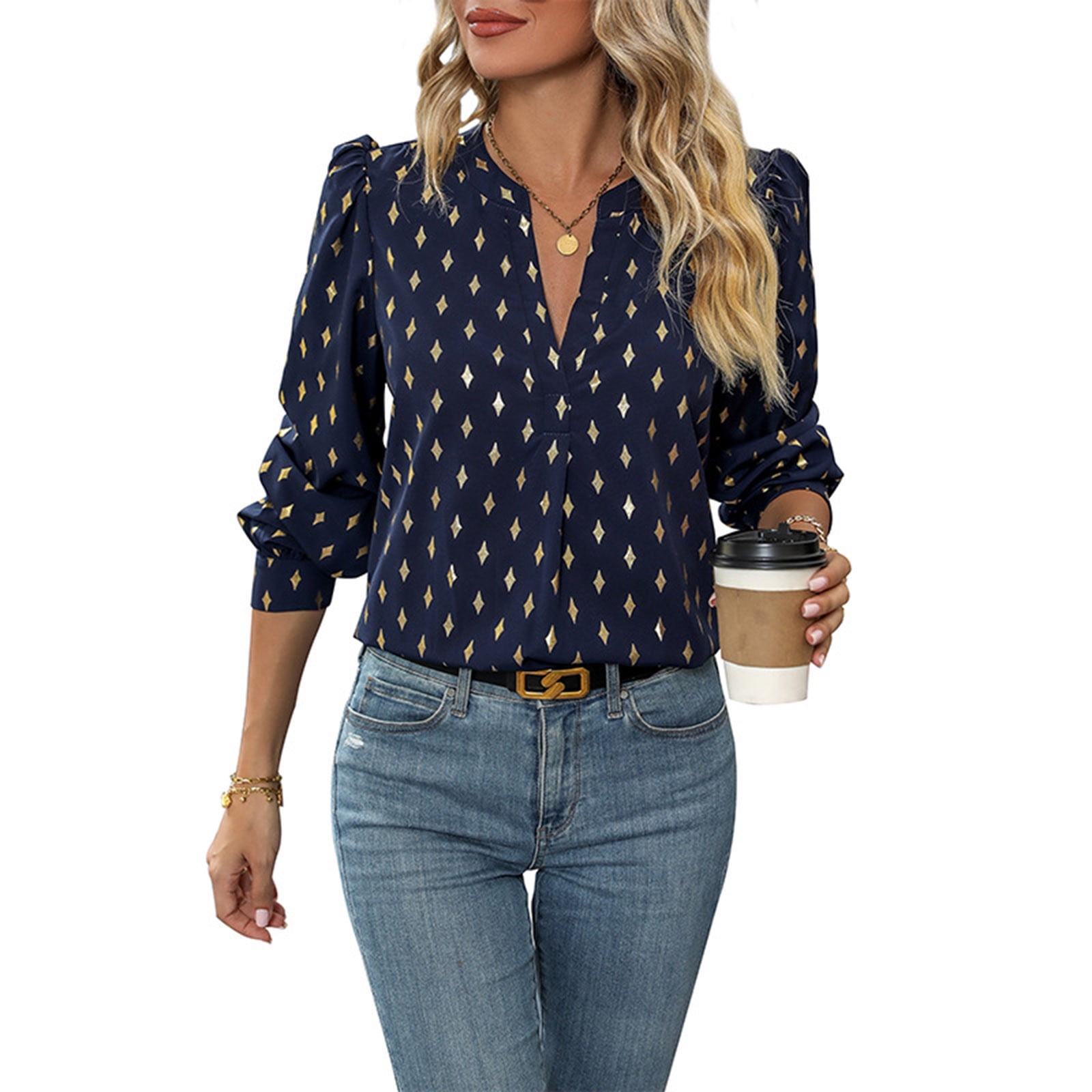AherBiu Long Sleeve Shirts for Women Notch V Neck Graphic Business Casual Ladies Dressy Tops Blouse Walmart