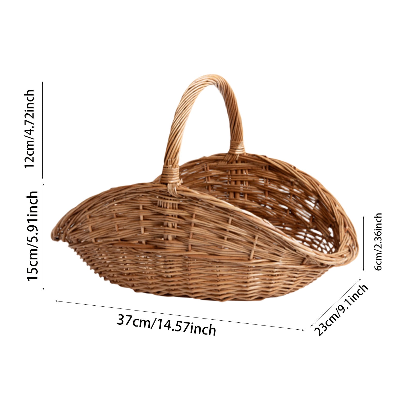 Rustic Woven Gathering Basket, Handmade Rattan Basket with Rope Handle for Picnics, Vegetable Harvest, Easter, and Farmhouse Home Decor Storage 14.6Inches