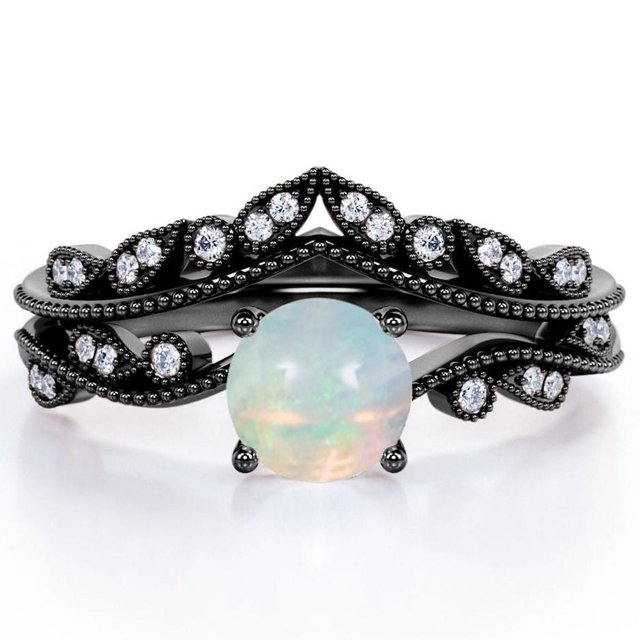 JeenMata Anillo de Novia de Banda Curva con Ópalo de Roca y Moissanita de Forma Redonda de 1 Quilate en Forma de V - Chapado en Oro Negro de 18 K sobre Plata