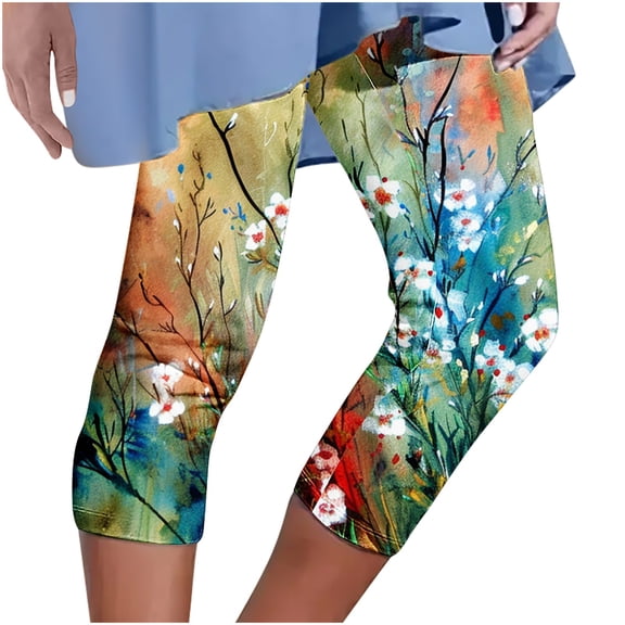 ZToonmas Women's Floral Print High Waist Capri Leggings Stretchy Cropped Yoga Pants for Workout and Beachwear