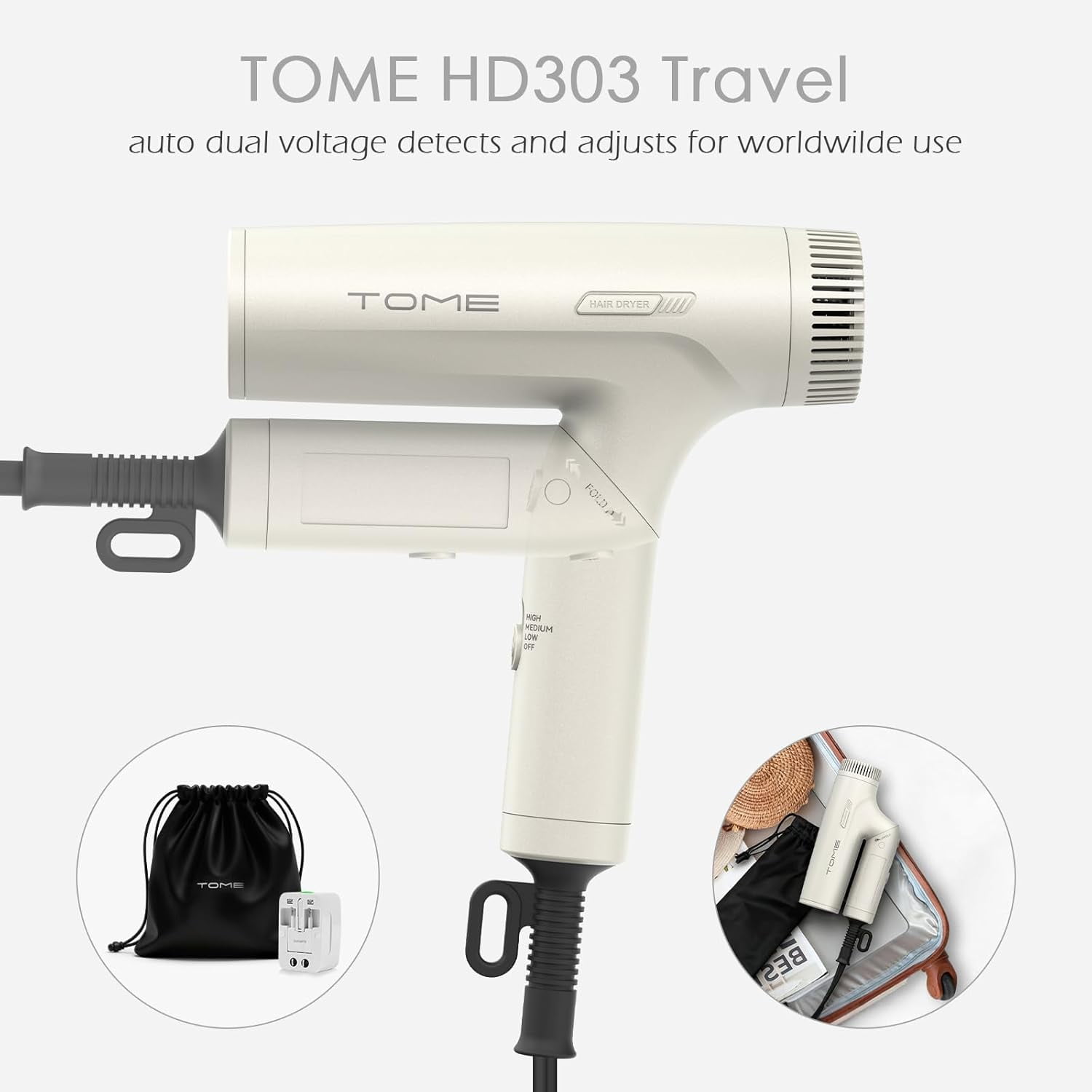 TOME Dual Voltage 1200W Hair Dryer with Diffuser,Foldable Travel Blow Dryer 3 Speed Setting with Comb Nozzle Power Adapter