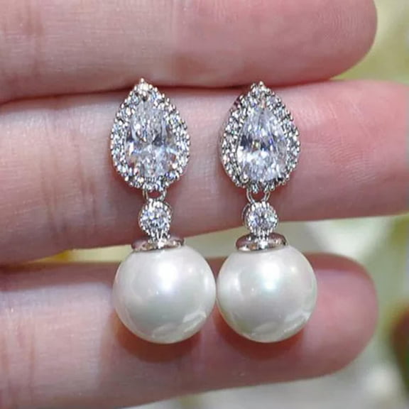 HOOUN Elegant 925 Silver Women White Pearl Drop Earrings Anniversary Wedding Jewelry-#1