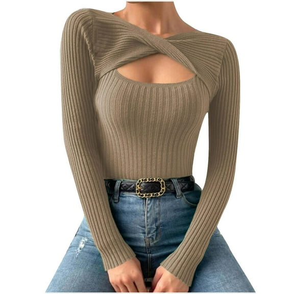 Oplxuo Women's Long Sleeve Sexy Cut Out T-Shirt Ribbed Knit Twist Front Slim Fit Tee Tops Pullover Sweaters
