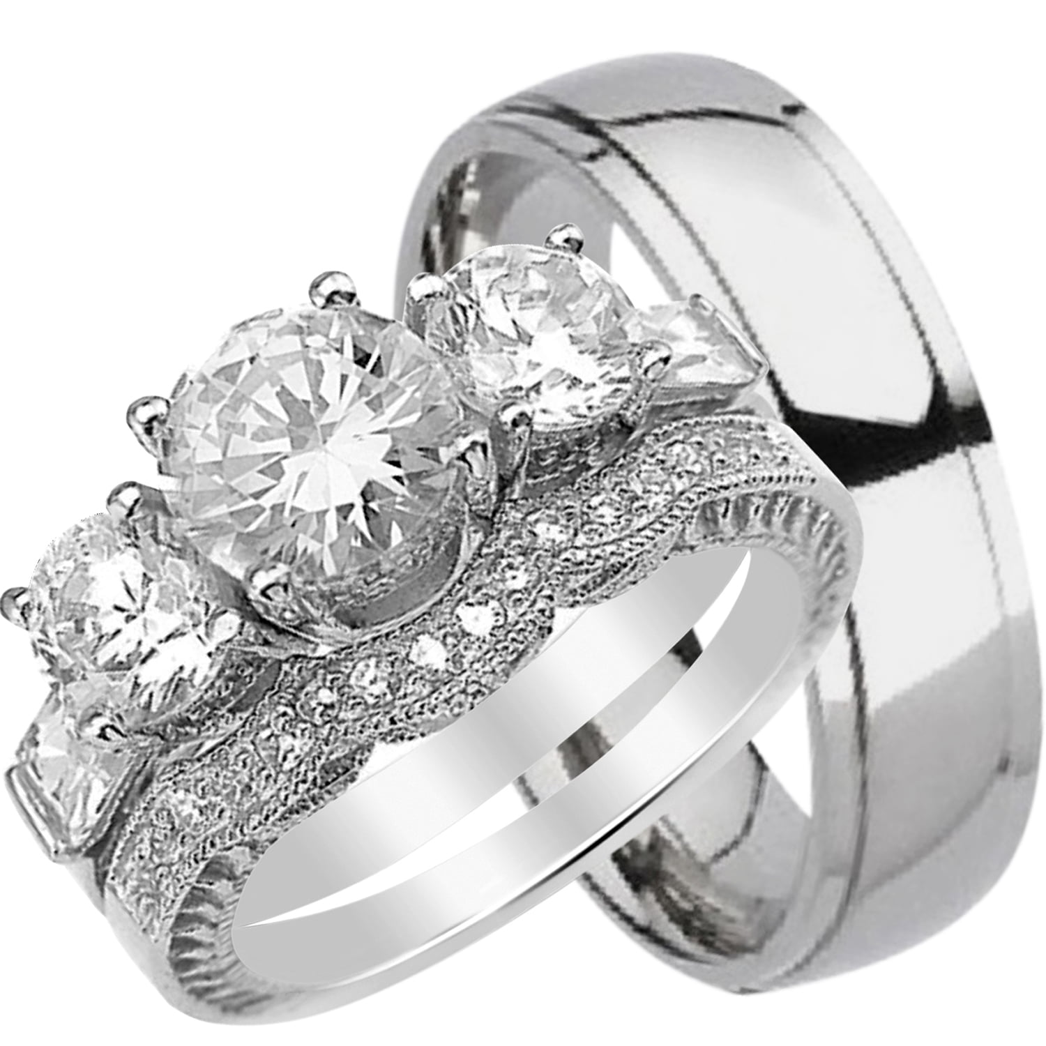 His & Her 3-Piece Women Sterling Silver & Titanium Band Engagement Matching Wedding Ring Set