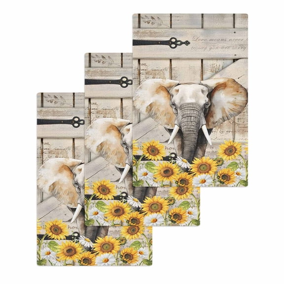 Farmhouse Elephants Kitchen Dish Towels for Drying Dishes Set of 3, Spring Summer Sunflowers Wood Grain Waffle Weave Microfiber Hand Tea Bathroom Towels Quick Dry & Absorbent Towel 15.7x23.6
