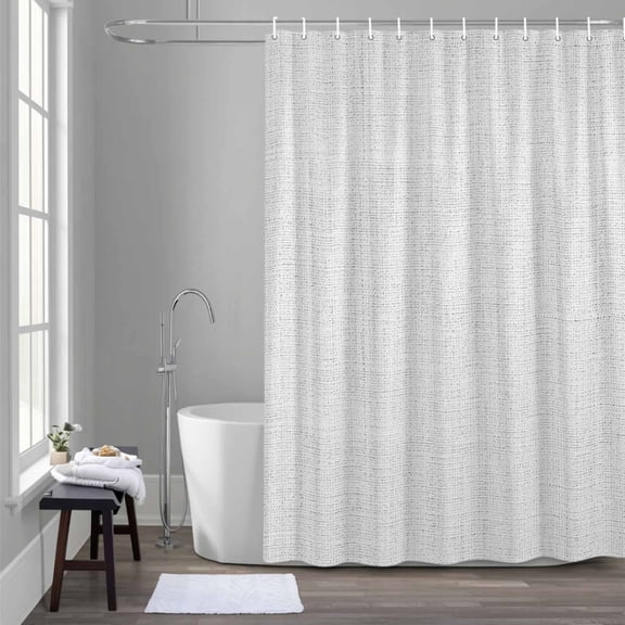 Vintage White Shower Curtain for Bathroom Decor, Linen Texture Farmhouse Waterproof Fabric Shower Curtain, 72"x84" Set with 12 Hooks