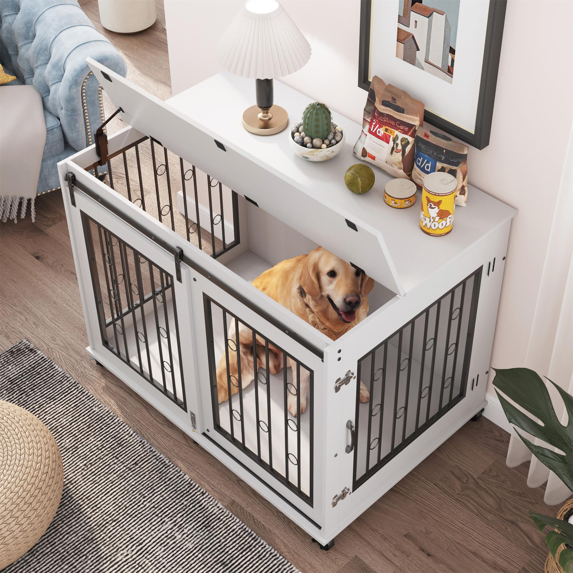 Pefilos 43" Sliding Door Dog Crate with Partition for Two Puppies, Furniture Style Dog Cage with Wheels, Indoor Kennel, White Pefilos 43" Sliding Door Dog Crate with Partition for Two Puppies, Furniture Style Dog Cage with Wheels, Indoor Kennel, White