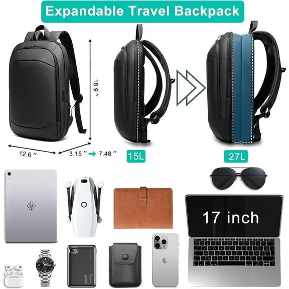 Business Backpack for Men 17 Inch Slim Expandable Waterproof Laptop Bag with USB Port Anti-Theft Lightweight Large Work Computer Bag