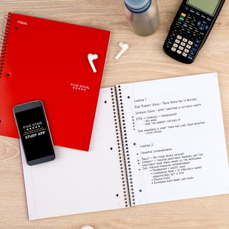 Five Star Spiral Notebook + Study App, 5 Subject, College Ruled, 8.5" x 11", Fire Red
