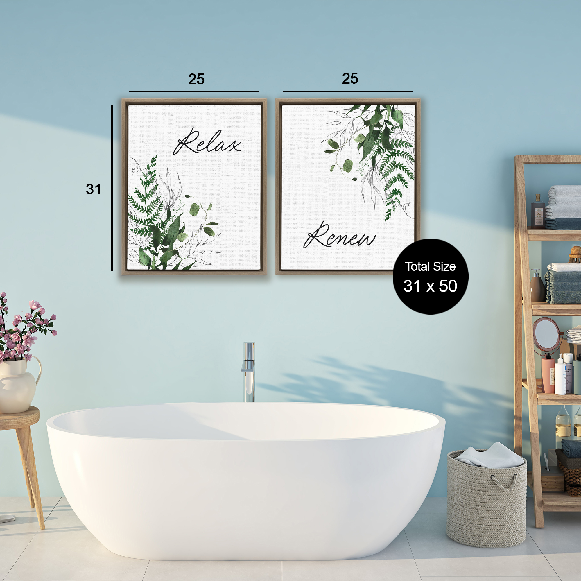 Relax Renew Botanical Leaves 2 Piece Brown Framed Floater Canvas Set, design by Lettered and Lined