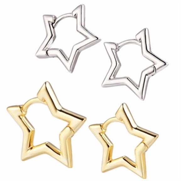 2 Pairs Star Hoop Earrings for Women, 14K Gold Plated Huggie Hoops, Cute Open Star Earrings, Lightweight Dainty Jewelry Gifts for Birthday Anniversary