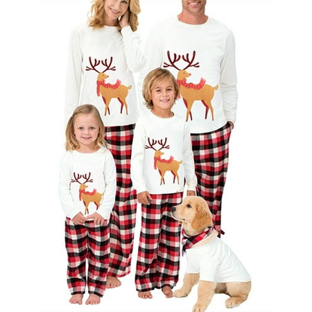 

Mubineo Christmas Matching Family Pajamas Elk Print Pullover + Plaid Pants Dog Clothes + Triangular Scarf Jumpsuit