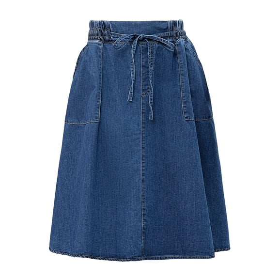 DARING DIVA Women's Denim A-Line Flare Midi Jean Skirt with Pockets Small Blue