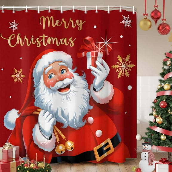 Red Santa Christmas Shower Curtain, Xmas Snowflake Merry Christmas Waterproof Fabric Shower Curtains with 12 Hooks, Bathroom Curtain Set for Bathroom Accessories Decor, 36 x 72 Inches
