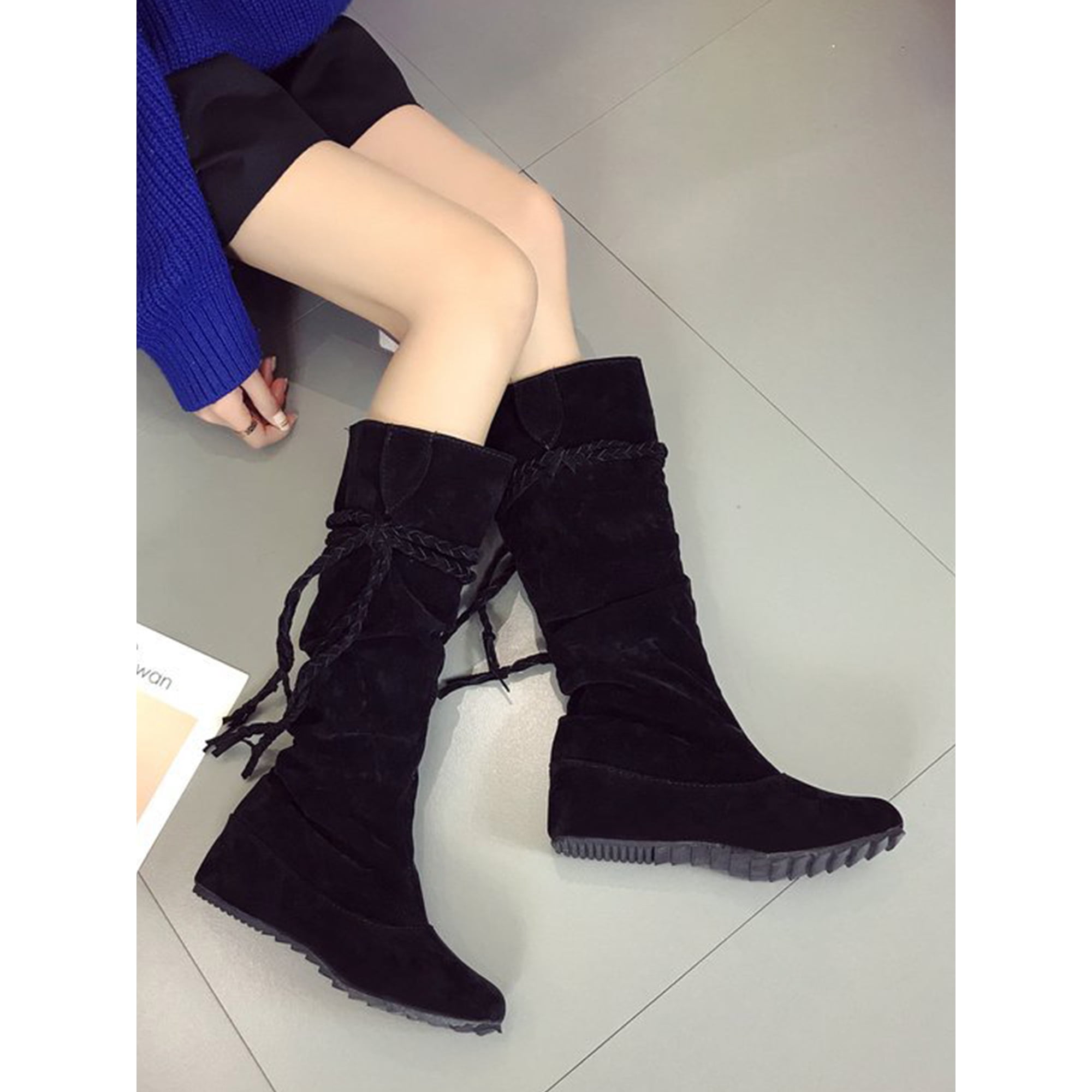 Bellella Women Winter Shoes Pull On Flat Boot Knee High Slouch Boots Non Slip Office Black 9 Walmart