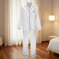 thumbnail image 2 of Wang6 Satin Pajamas for Women Sets Soft Silk Pjs Lounge Set 2 Piece Long Sleeve Button down V Neck Shirts Wide Leg Pants Loose Stripe Printed Sleepwear Nightwear Sets White XL, 2 of 8