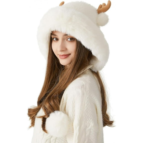 Women Winter Sherpa Beanie Hats, Ear Flaps Cover Ears Antler Fleece Lined Fluffy Ski Snow Pompoms Hat