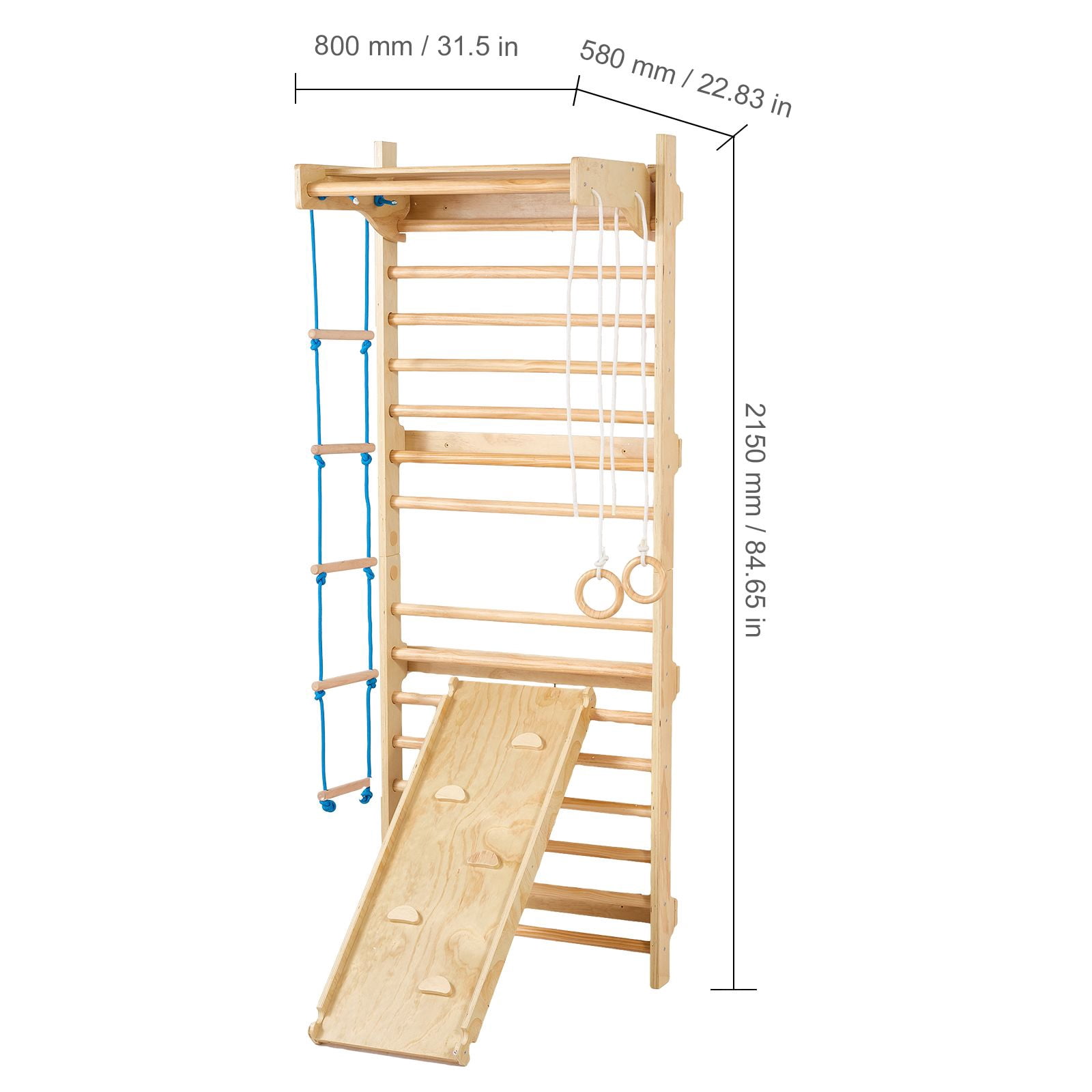 Swedish Ladder Wall Gym, 5 in 1 Wooden Indoor Playground Climbing Toys, 220 lbs Load Capacity Swedish Wall Ladder with Pull-Up Bar, Gymnastic Rings, Wall Ladder, Rope Ladder, and Slide Board
