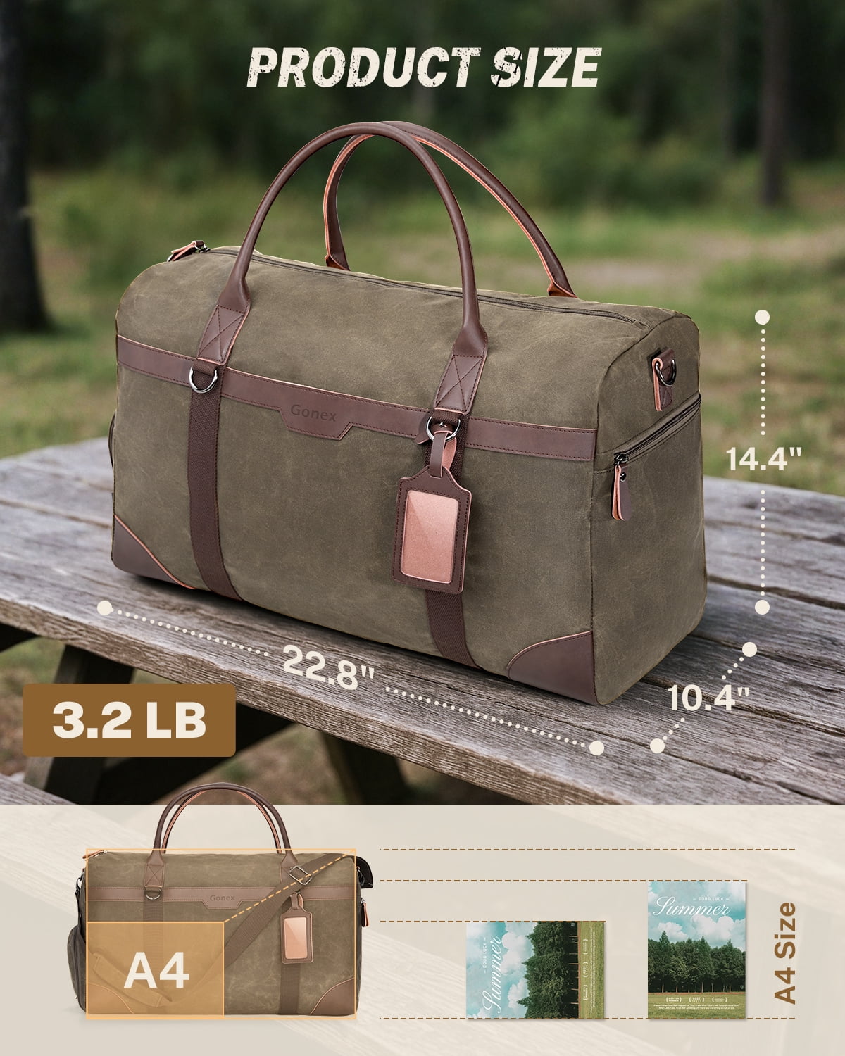 Gonex Waxed Canvas Duffle Bag, 55L Water-Resistant Travel Duffel, Vintage Overnight Weekender Bag with Shoes Compartment for Men & Women