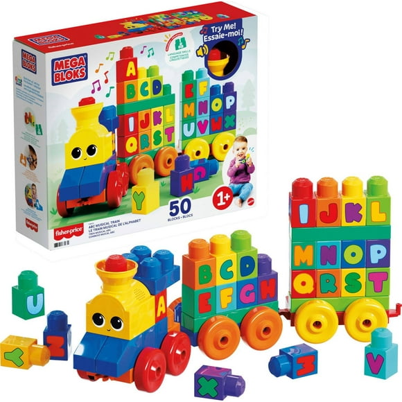 MEGA BLOKS Toy Blocks ABC Musical Train with Sounds and Music (50 Pieces) for Toddler, Includes 50 Pieces, Ages 1+