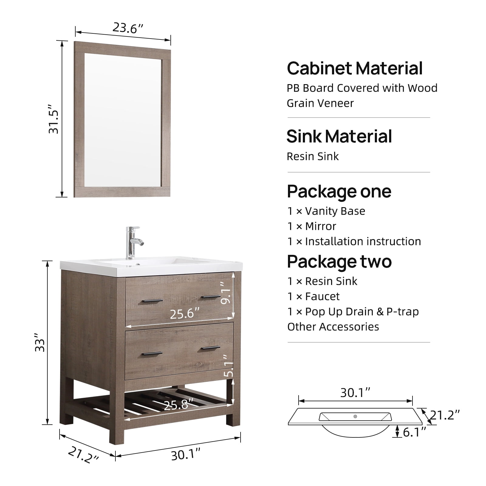 Wonline 30" PB Board Bathroom Vanity with Undermount Sink&Mirror