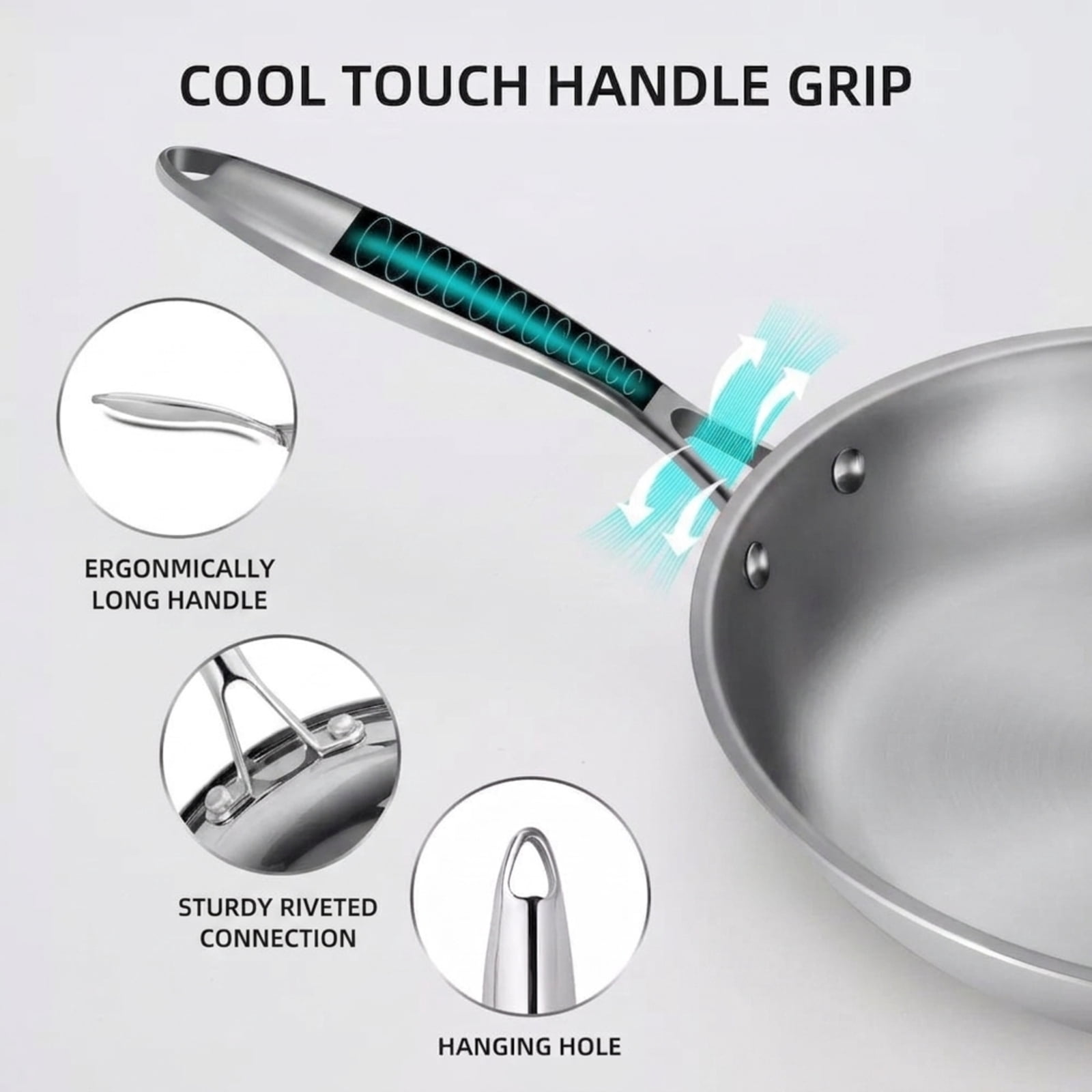 Fenbeli 2-Piece Stainless Steel Fry Pan Set with 9.5 and 11 Inch Skillets, Tri-Ply Base, Cool-Touch Handles, Silver