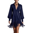 thumbnail image 2 of AUNVITO Women's Deep V Neck Long Sleeve Dress with Fringe Detail Vintage Loose Fit Solid Color Maxi Dress, 2 of 9