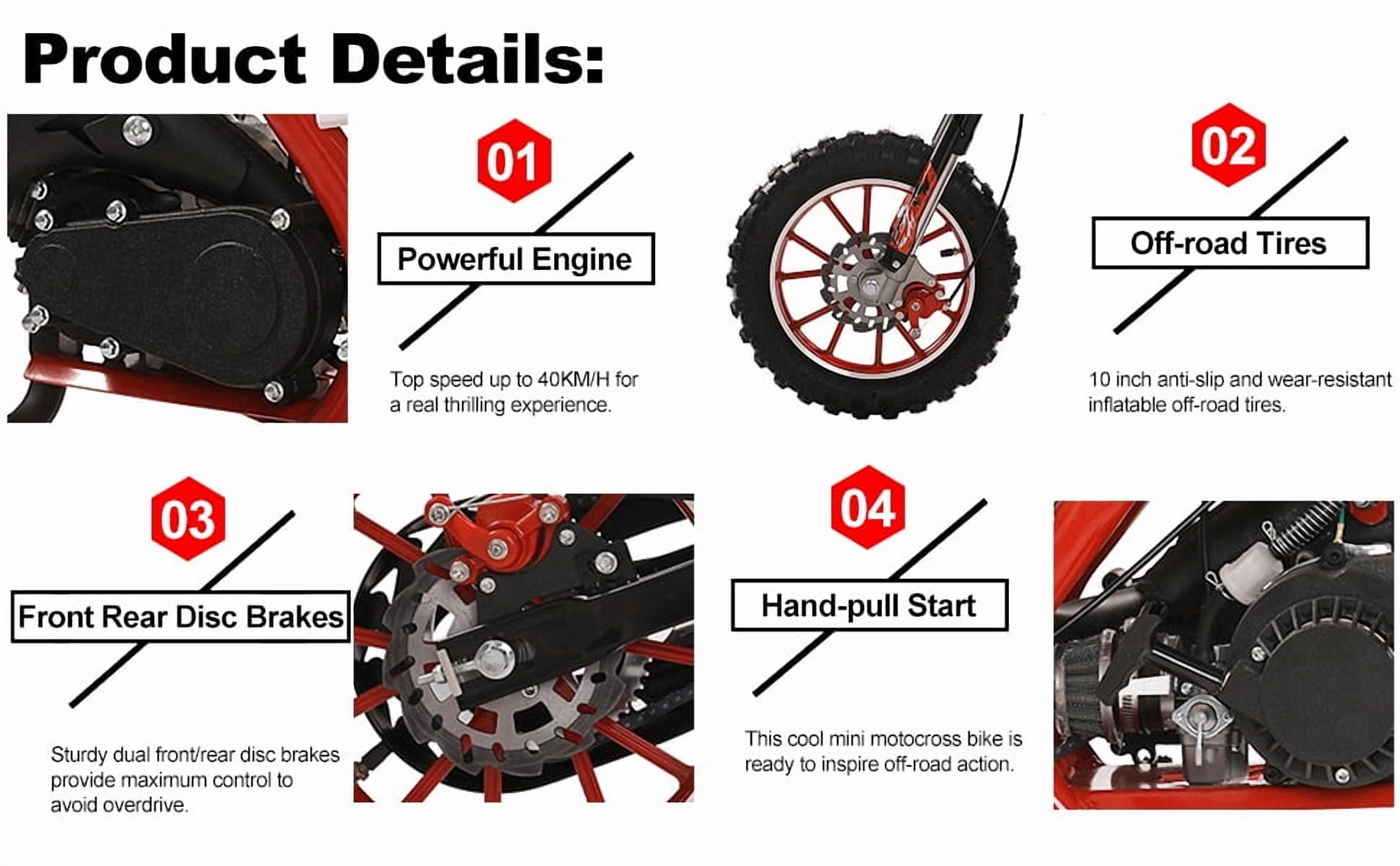 49cc 2-Stroke Kids Dirt Bike - 40KM/H Gas Powered Off-Road Motorcycle with Front/Rear Disc Brakes (Red)