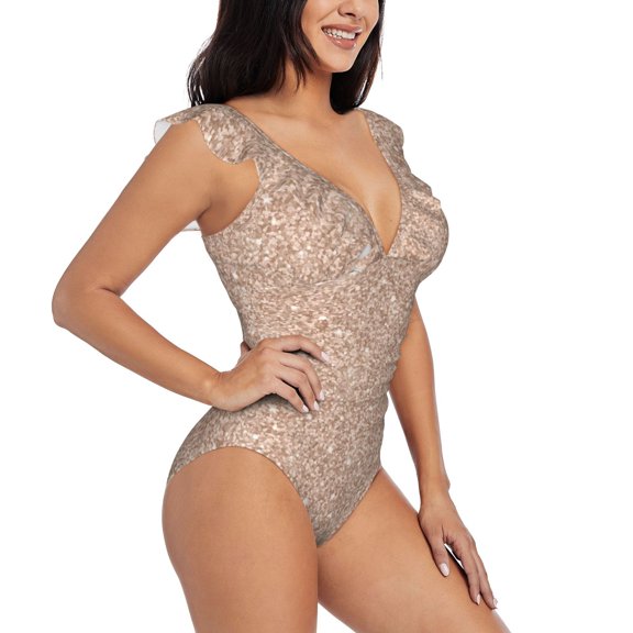 Fotbe Beige Sparkling Glitter Women's Tummy Control Swimsuits Slimming One Piece Bathing Suit Ruffle Wrap V Neck Swimwear-