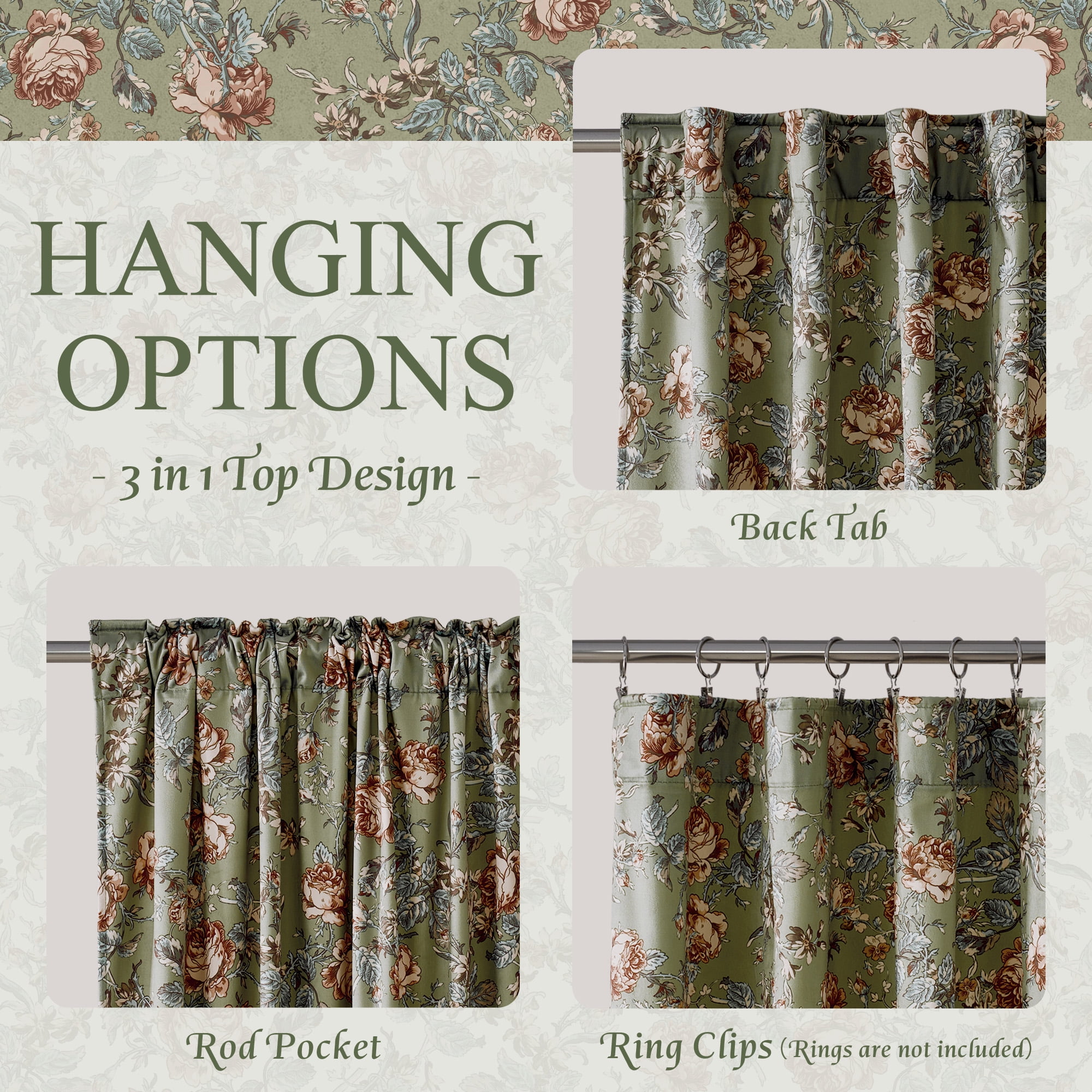 StangH Green Floral Curtains for Living Room, Soft Velvet Peony Print with Cottage Privacy Window Drapes for Living Room, Sage Green, W52 x L84, 2 Panels