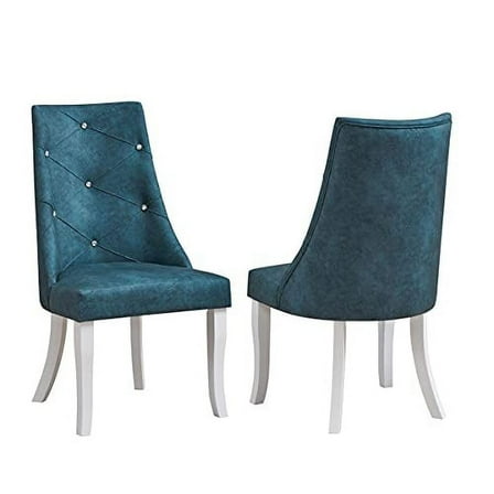 Kings Brand Furniture - Elmer Crystal-Tufted Upholstered Fabric Dining Room Chairs, Set of 2, Blue