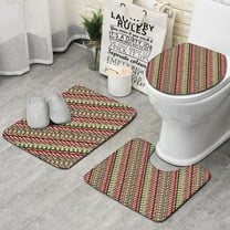 Red and Green Christmas Striped Pattern Bathroom Rugs Sets 3 Piece,Toilet Cover Set,Absorbent Non Slip Bathroom Mats Sets with U-Shaped Contour Rug Toilet Rug Set