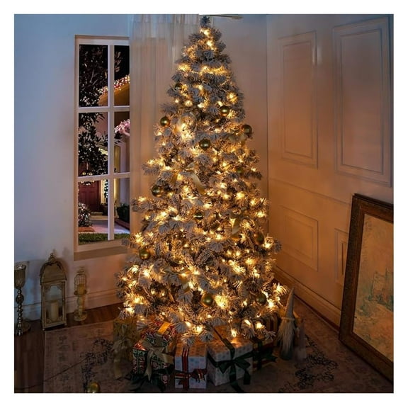 6.5ft Snow Flocked Christmas Tree with Lights, Realistic Frosted Christmas Tree Prelit with 626 Branch Tips, 400 Warm Lights and Metal Stand, Aritificial Xmas Tree