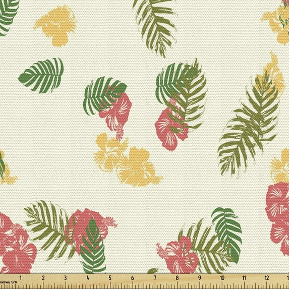 Tropical Fabric by the Yard, Hawaiian Exotic Botany Pattern with Hibiscus Petals and Leaves Repetition, Decorative Upholstery Fabric for Sofas and Home Accents, Ivory Multicolor by Ambesonne